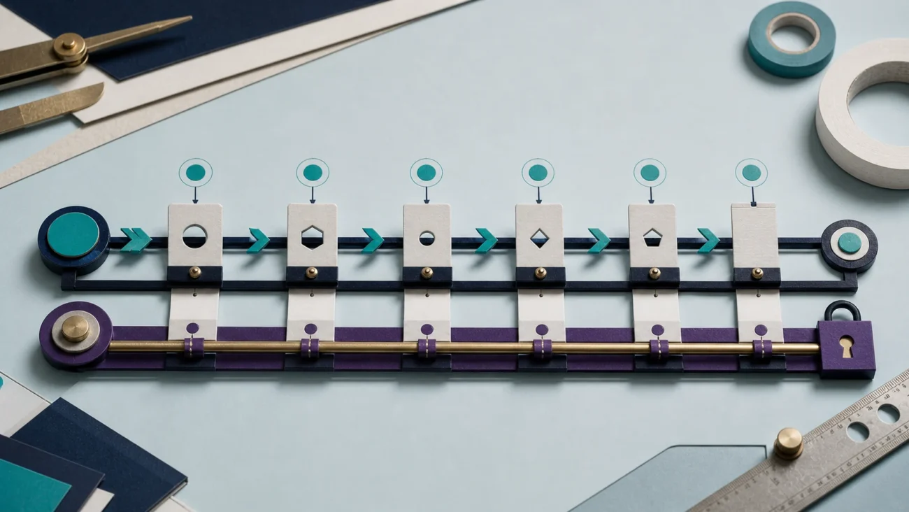 Tactile editorial illustration: A fast hiring rail advances through clear assessment checkpoints while a locked quality standard travels intact alongside it.