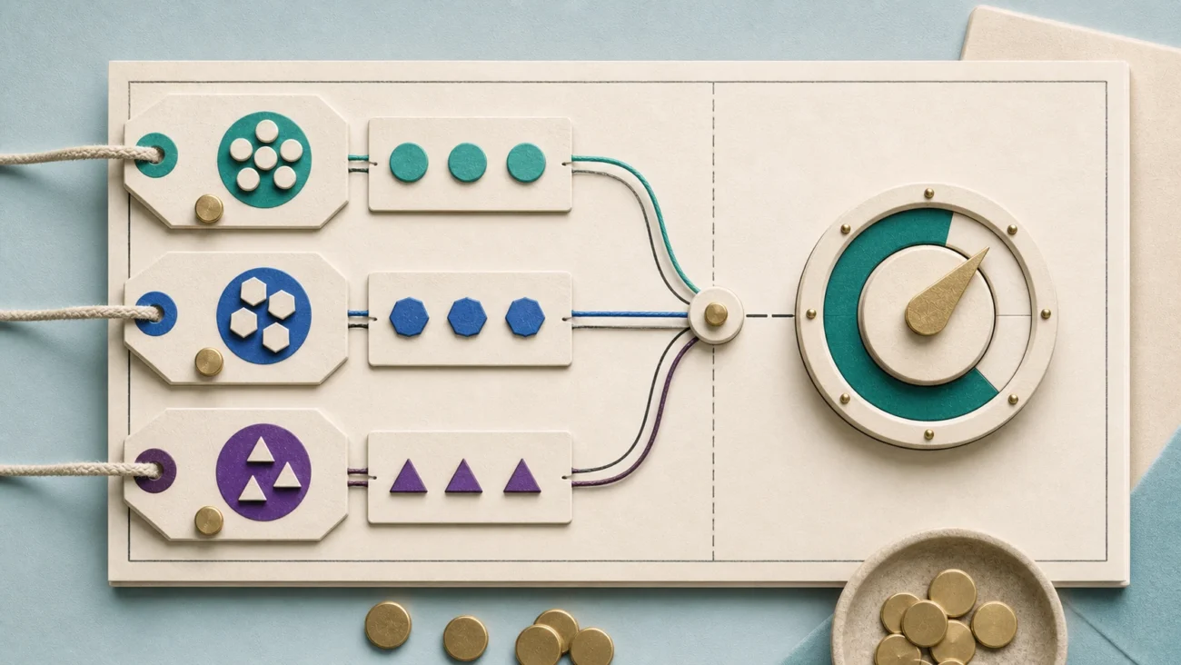 Tactile editorial illustration: A hiring-cost ledger links channel inputs, team effort and process time to one measured hire outcome without treating the cheapest route as automatically best.