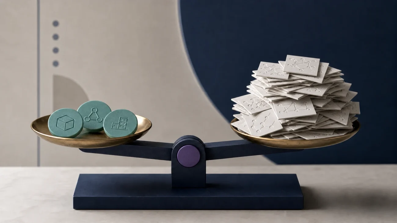 Tactile editorial illustration: A precision relevance balance holds a small, well-matched set of role tokens level against a much larger pile of undifferentiated application slips.