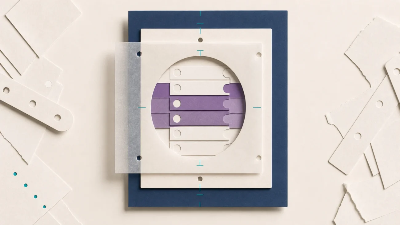 Tactile editorial illustration: A role-description sheet becomes a candidate self-selection instrument: clear purpose, ownership and requirements align into one clean aperture while vague material falls away.