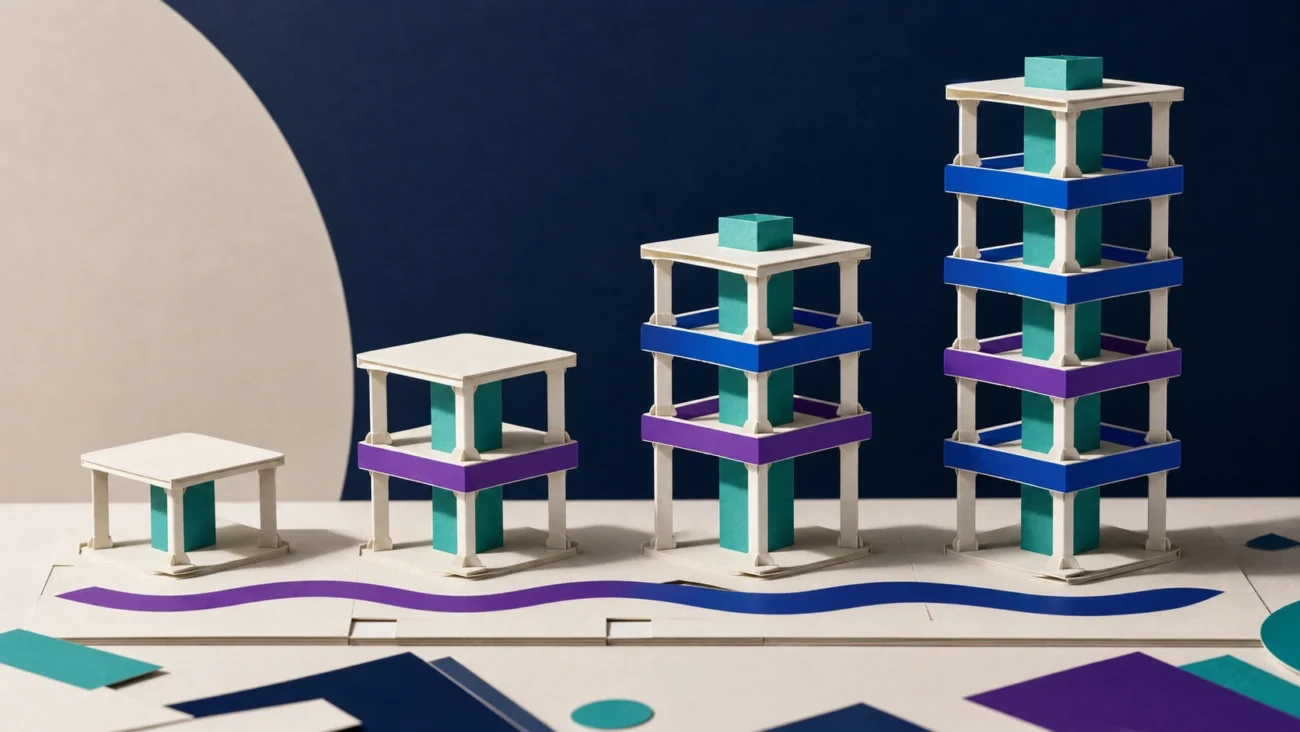 Tactile editorial illustration: A SaaS company grows from an adaptable early structure into a scaled operating system by adding repeatable layers without losing its core product.