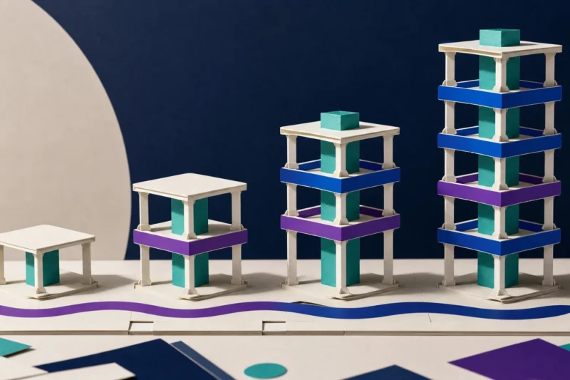 Tactile editorial illustration: A SaaS company grows from an adaptable early structure into a scaled operating system by adding repeatable layers without losing its core product.