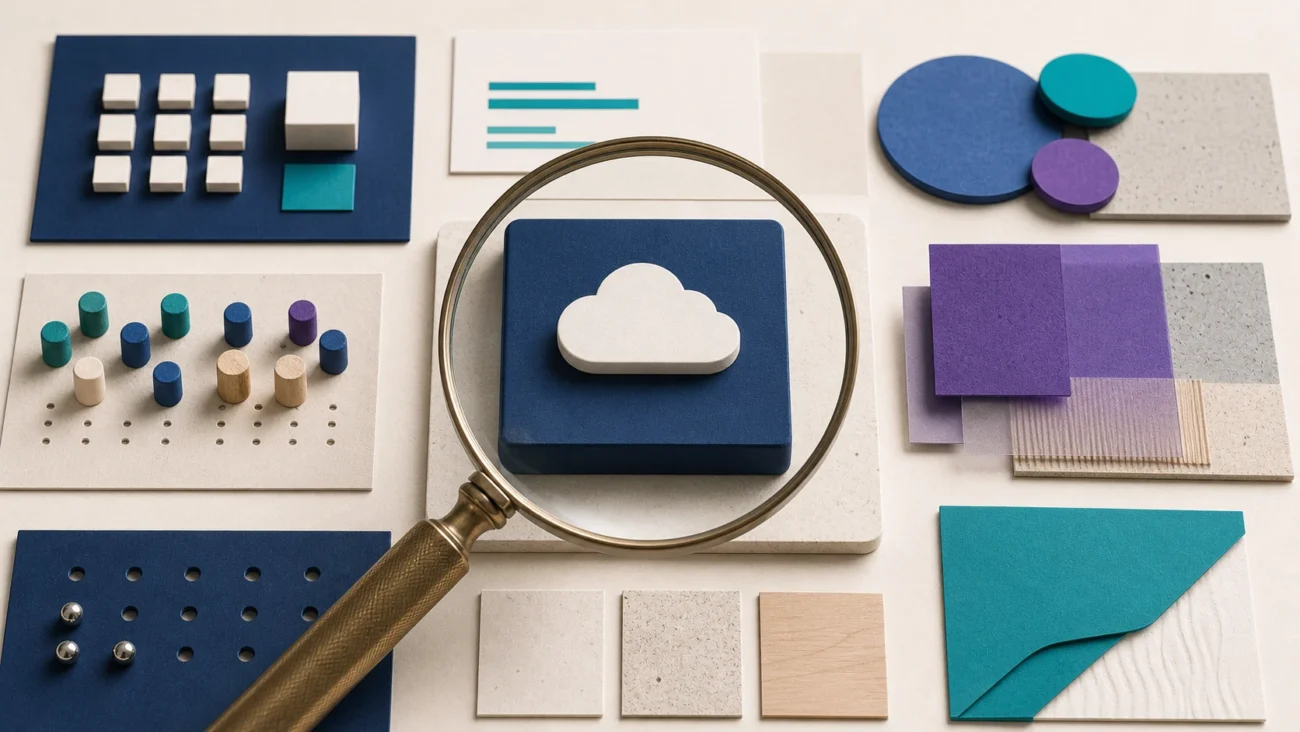 Tactile editorial illustration: A candidate evaluates a SaaS employer through product clarity, market position, team context, growth stage and role quality rather than superficial brand polish.