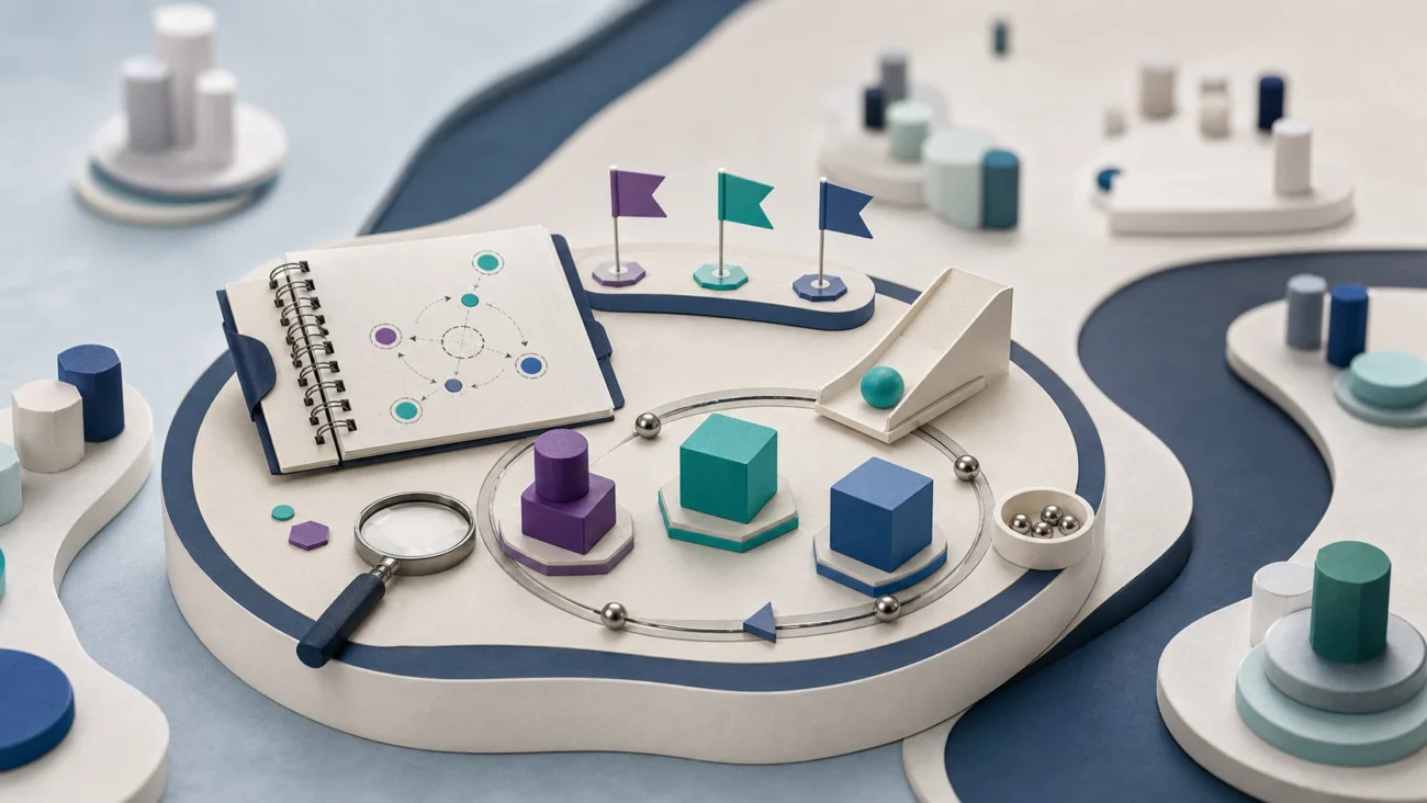 Tactile editorial illustration: A product-management intern learns discovery and prioritisation by running one small, bounded product experiment from observation to outcome.