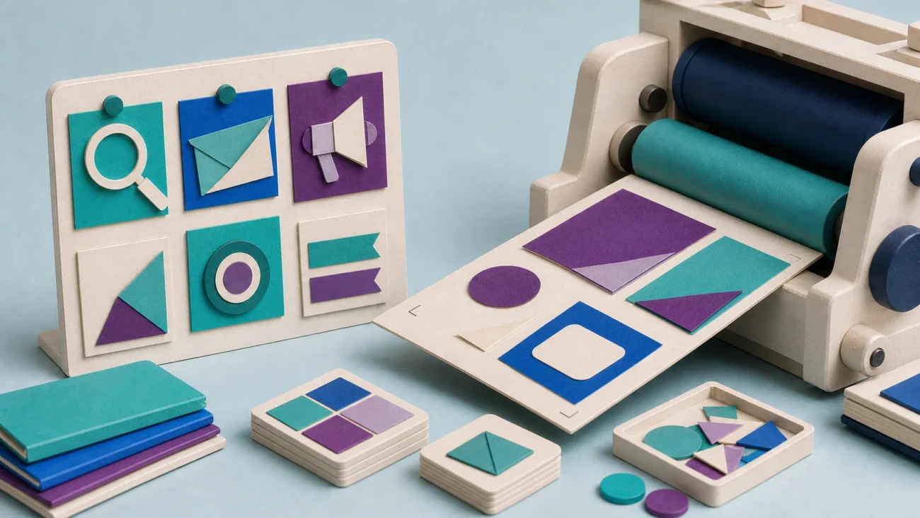 Tactile editorial illustration: A marketing intern learns by contributing to a real campaign through research, content production, channel execution and measurement support.