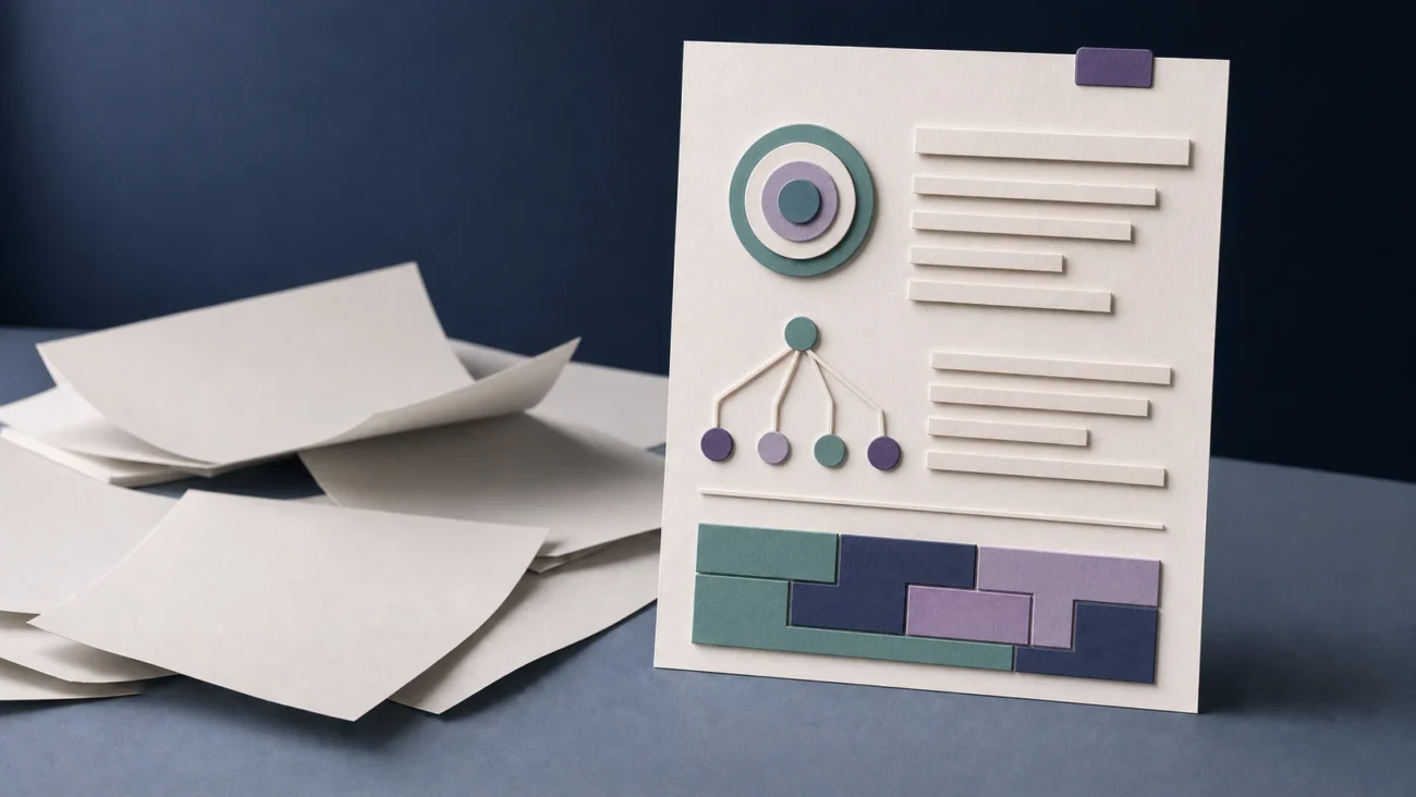 Tactile editorial illustration: Several vague role-page sheets collapse under inspection while one well-structured role page stands as a sturdy physical hierarchy of purpose, ownership, outcomes and requirements.