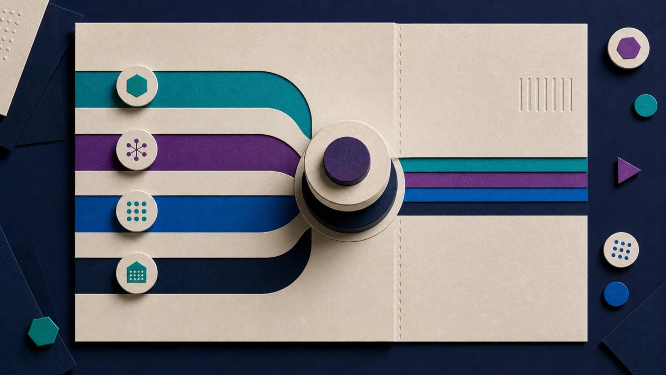 Tactile editorial illustration: A SaaS marketing-manager role is shown as one ownership spindle coordinating campaign, message, channel and measurement materials without swallowing every function.
