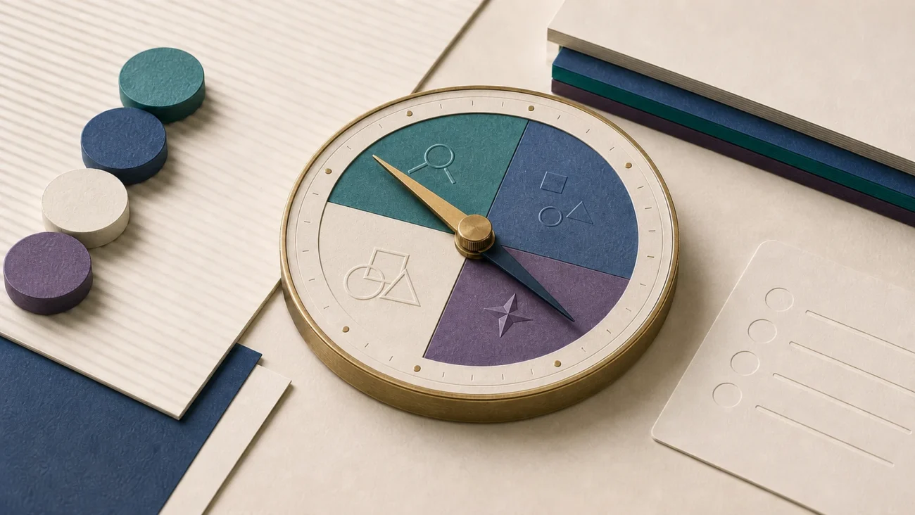 Tactile editorial illustration: A product-manager role scope is calibrated across discovery, delivery, strategy and customer context by one weighted decision compass.