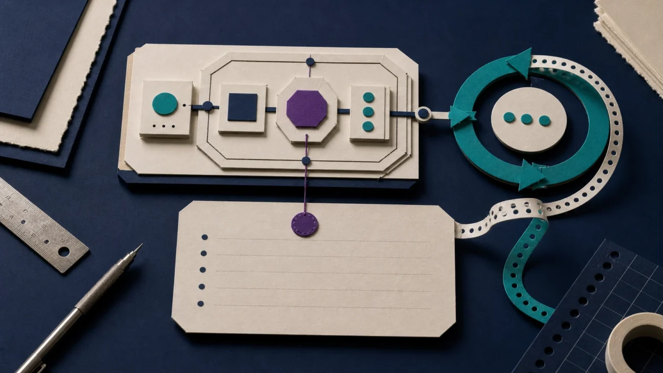 Tactile editorial illustration: A product-minded engineering brief joins architecture modules to a visible customer-feedback return loop, making ownership broader than code delivery alone.