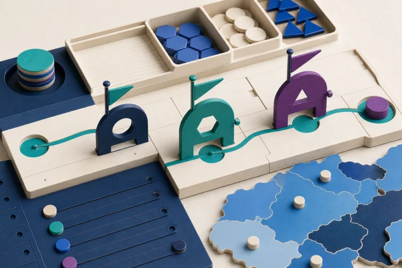 Tactile editorial illustration: An account-executive role brief combines territory, sales motion and deal ownership into one physical account-routing instrument.
