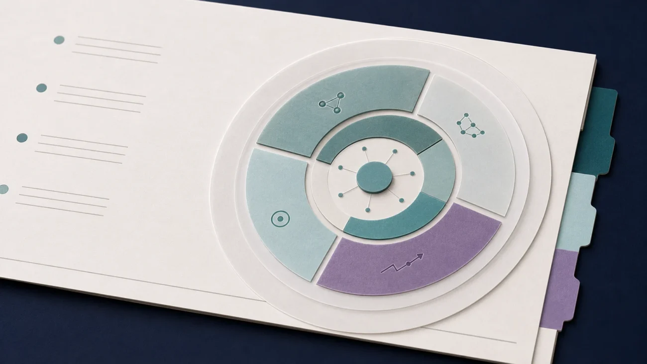 Tactile editorial illustration: A customer-success role brief wraps around a lifecycle wheel whose ownership zones visibly separate onboarding, adoption, renewal and expansion.