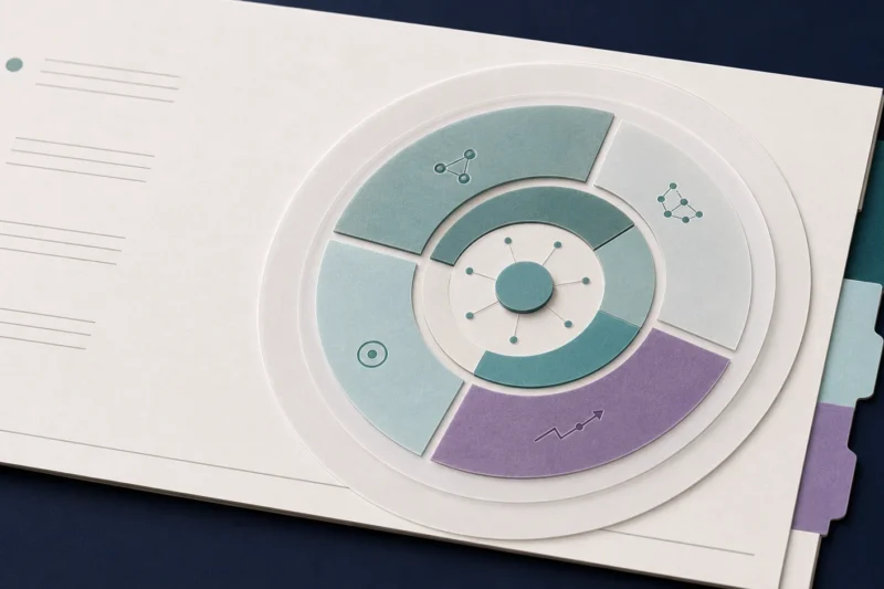 Tactile editorial illustration: A customer-success role brief wraps around a lifecycle wheel whose ownership zones visibly separate onboarding, adoption, renewal and expansion.
