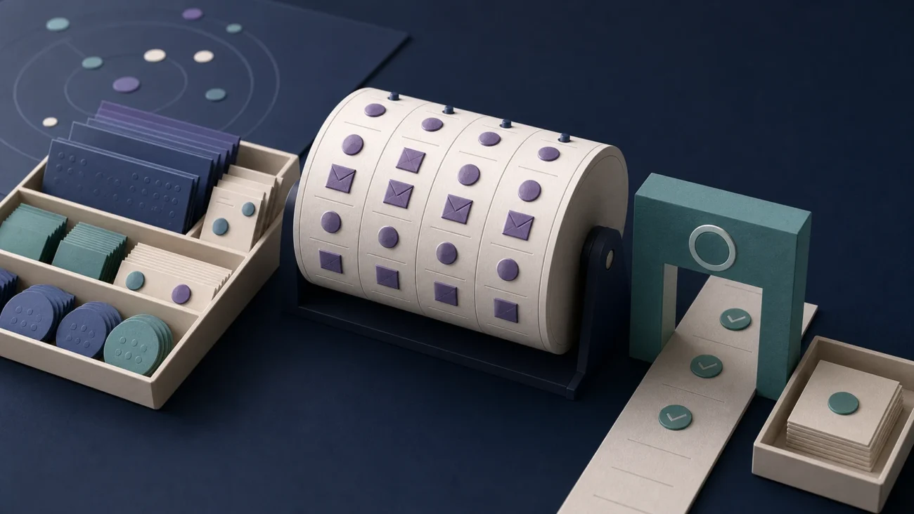 Tactile editorial illustration: A sales-development representative builds qualified pipeline through disciplined account research, relevant messaging, outreach cadence and clean handoff.