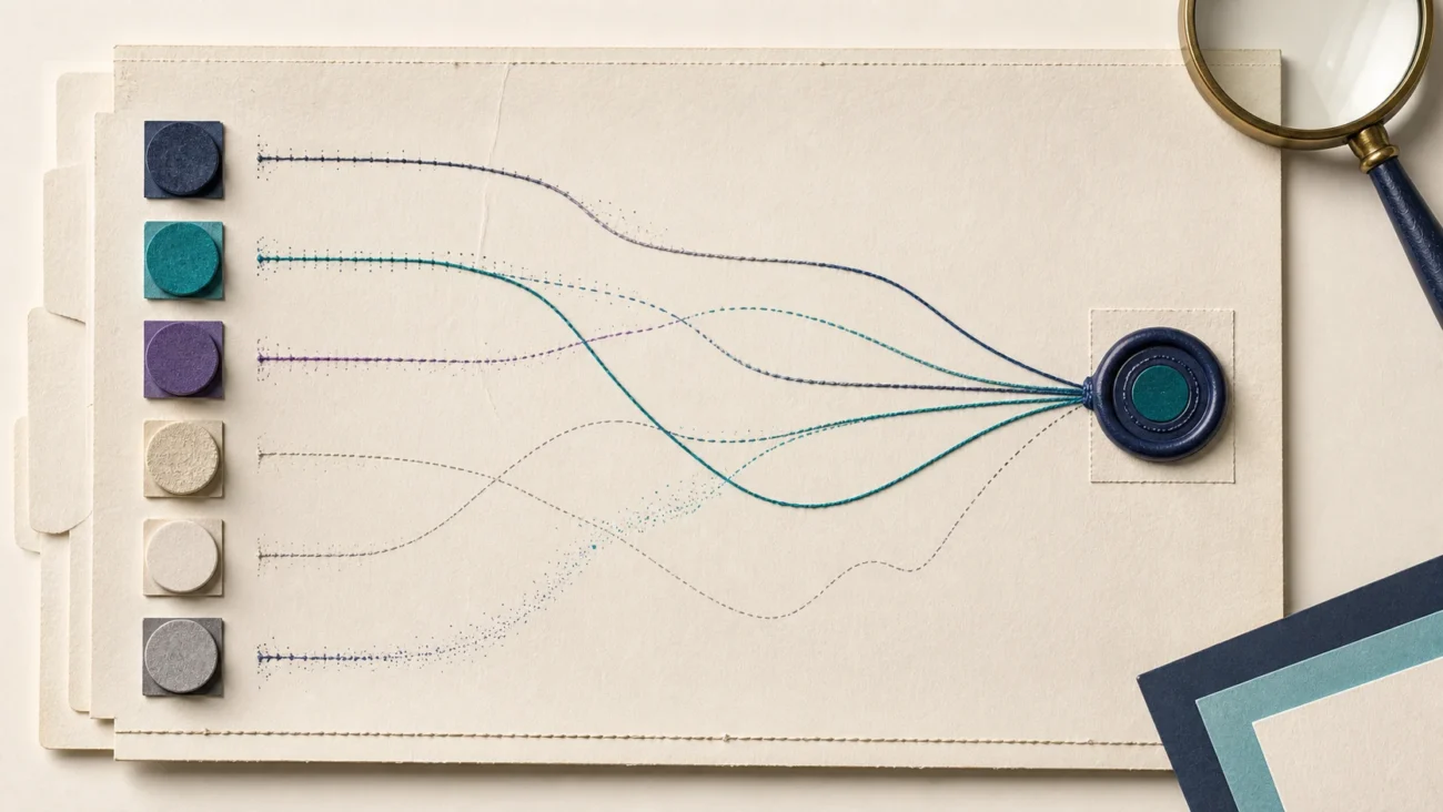 Tactile editorial illustration: A forensic source ledger records several hiring-channel ink trails; only the trails that genuinely reach the final hire seal remain vivid while vanity activity fades.