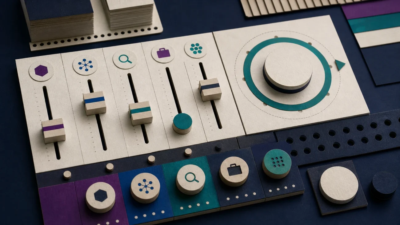 Tactile editorial illustration: A modular channel mixing desk selects and balances specialist distribution, referrals, sourcing, careers content and company audience for a repeatable hiring rhythm.