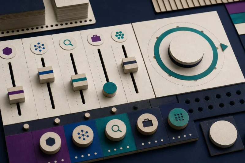 Tactile editorial illustration: A modular channel mixing desk selects and balances specialist distribution, referrals, sourcing, careers content and company audience for a repeatable hiring rhythm.
