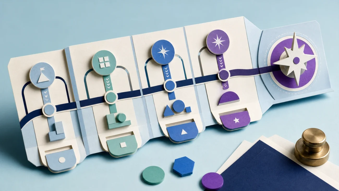 Tactile editorial illustration: A customer-onboarding specialist turns a signed customer into a confident product user through setup, training, milestones and early-value guidance.