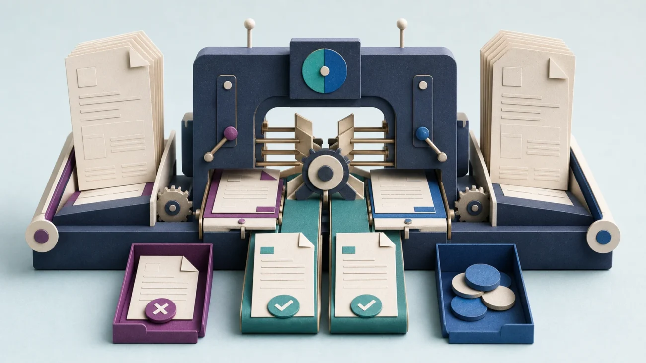 Tactile editorial illustration: An accounts payable or receivable clerk matches invoices, approvals and payments so every transaction closes against the right record.