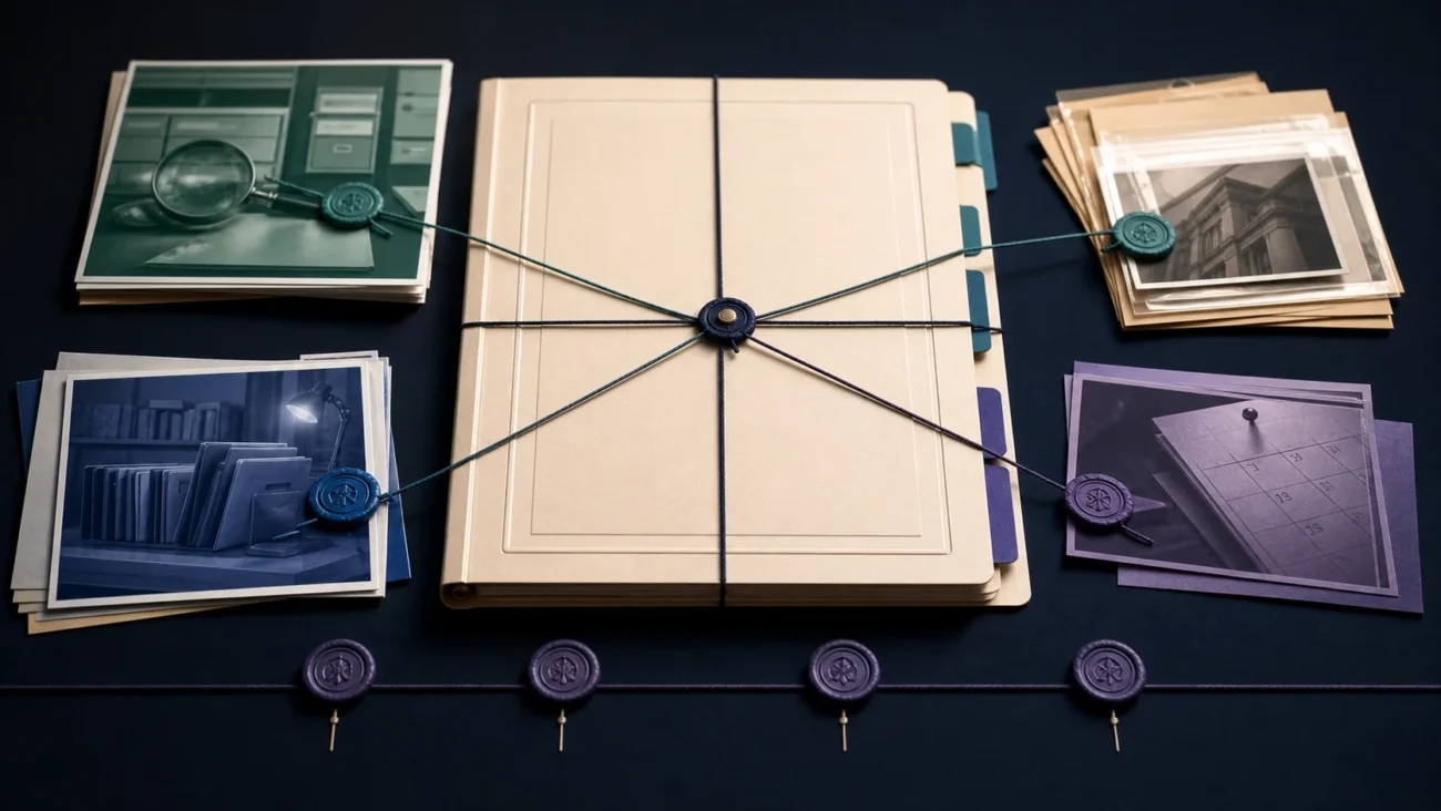 Tactile editorial illustration: A paralegal keeps a matter organised by connecting source evidence, legal research, deadlines and a precise case file.