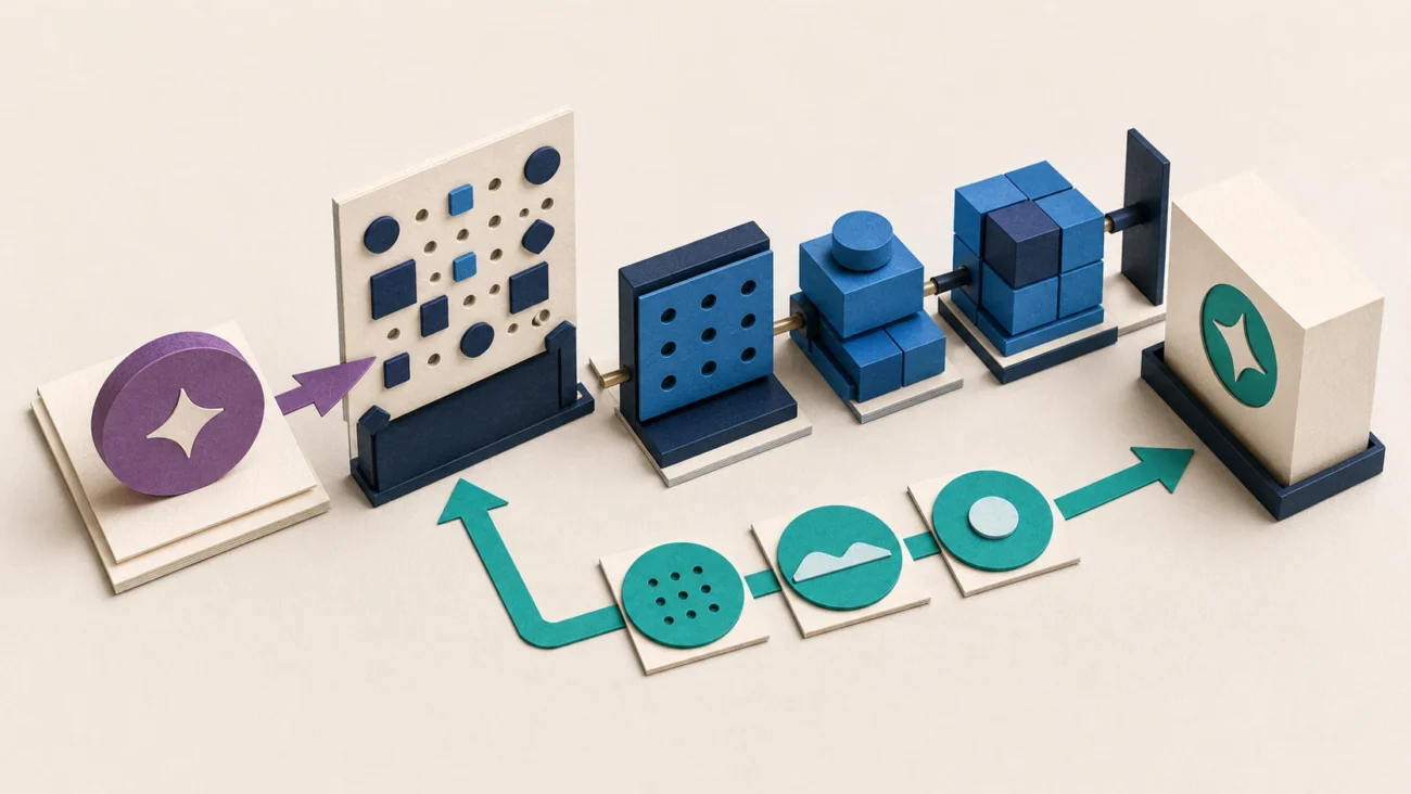 Tactile editorial illustration: A software engineer turns a customer problem into a working product improvement through architecture, implementation and feedback.