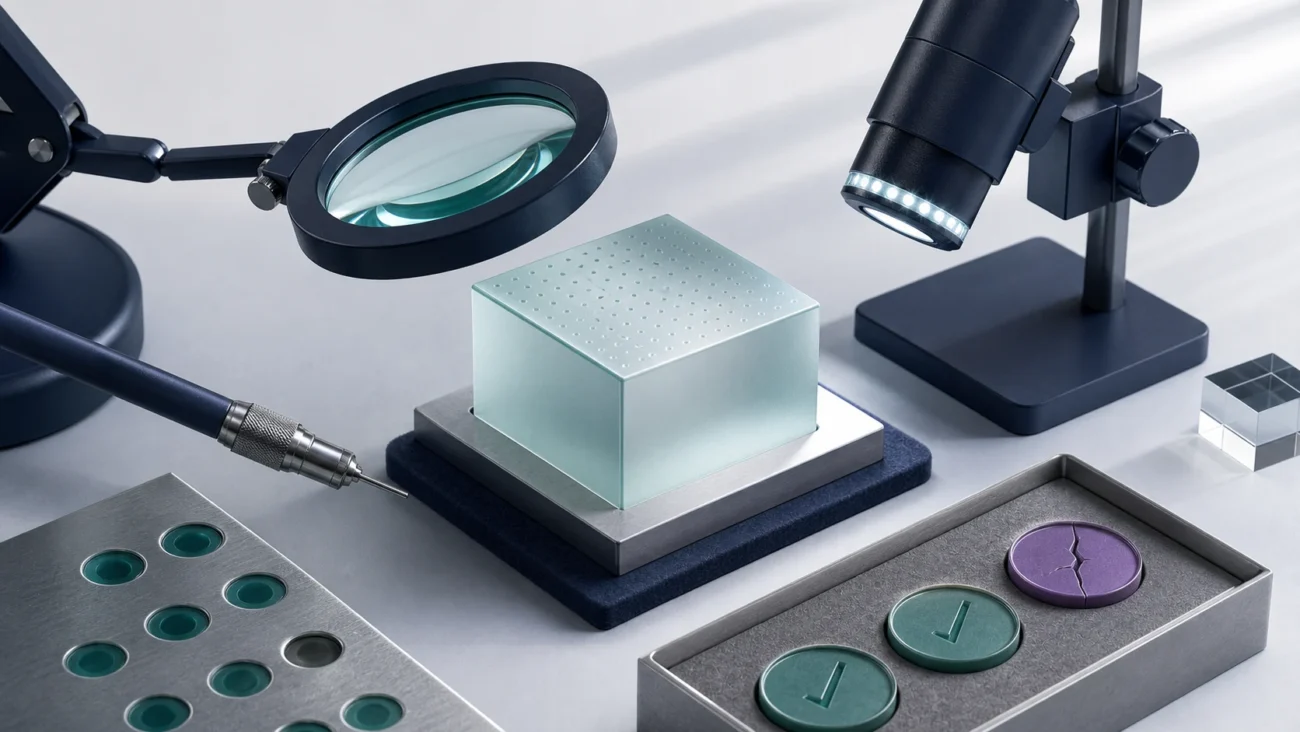 Tactile editorial illustration: A QA engineer tests a product from several angles using planned checks, exploratory inspection and clear defect evidence before release.