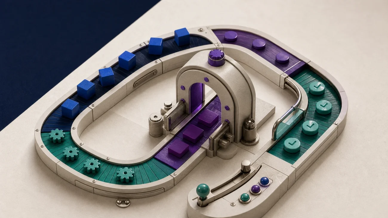 Tactile editorial illustration: A DevOps engineer connects build, release and operation into one continuous working system while keeping feedback close to delivery.