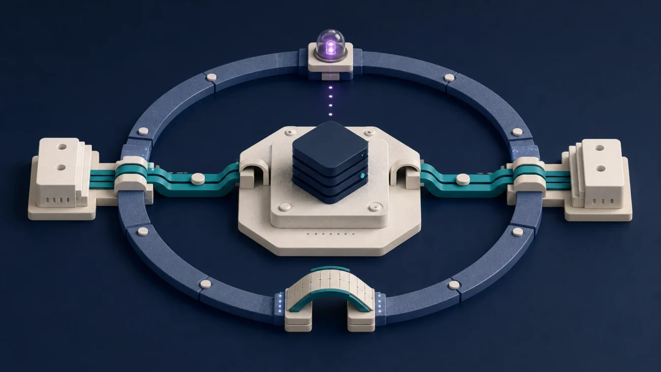 Tactile editorial illustration: A site-reliability engineer keeps a service dependable through redundancy, observability, capacity and disciplined recovery.